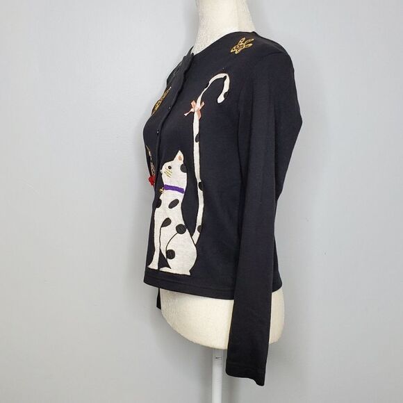 VINTAGE Y2K cardigan black button up cat appliqué top‎ S petite - Picture 2 of 6